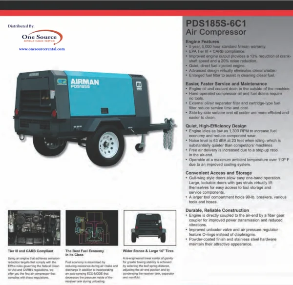 Airman PDS185S Towable Diesel Air Compressor info