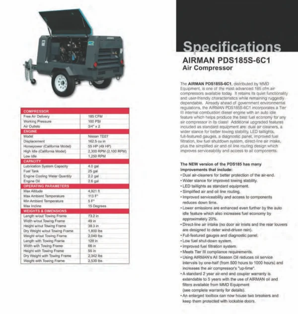 Airman PDS185S Towable Diesel Air Compressor info
